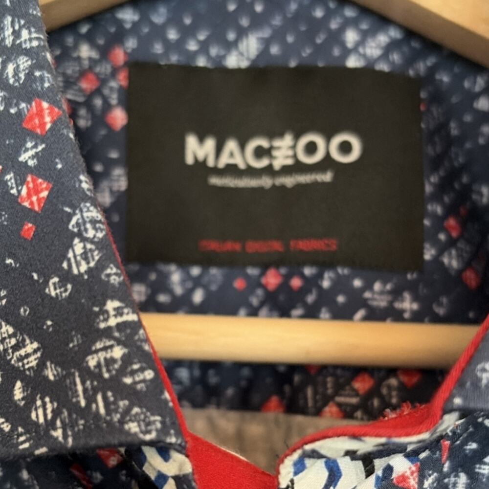 MACEOO Men 5XL Blue Red White Geometric Cotton Button-Up Short Sleeve Shirt - Picture 2 of 7